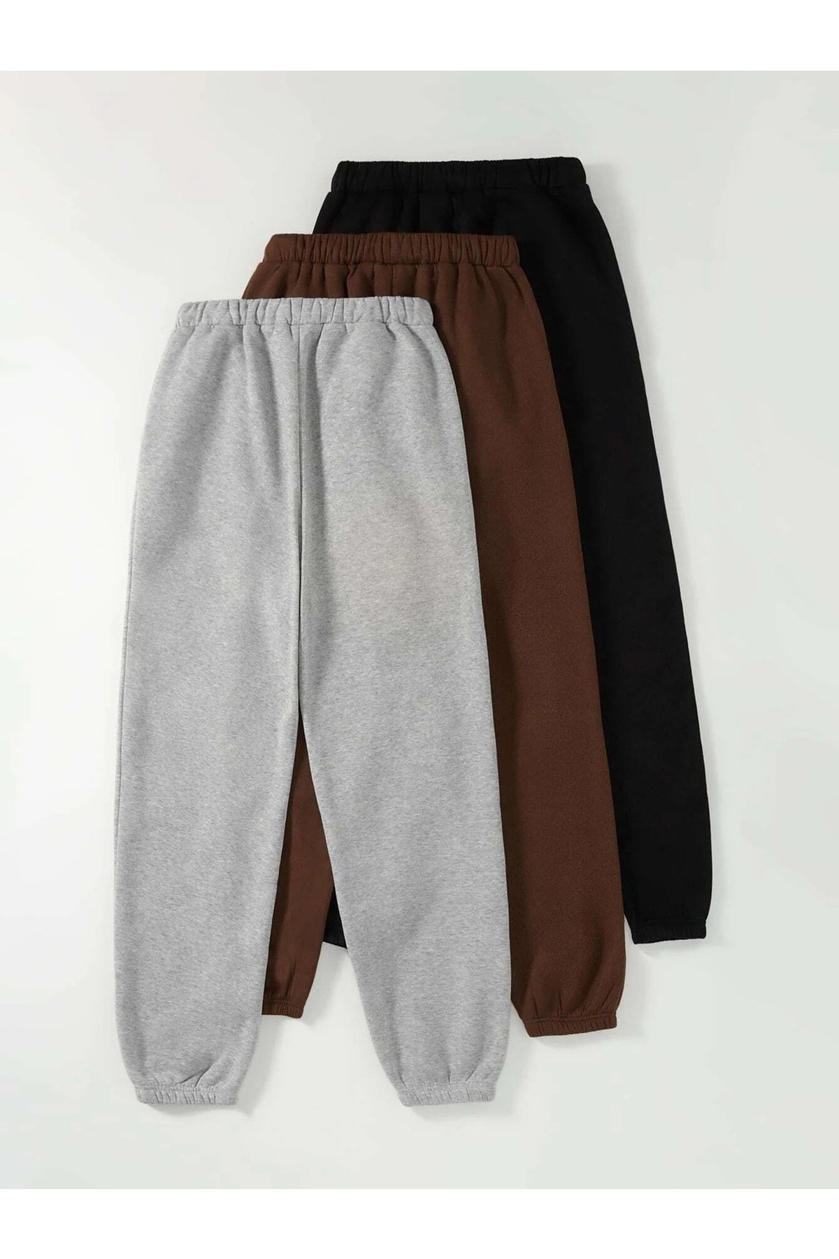 3-Pack Logo Printed Jogger Sweatpants - Black, Gray And Brown, Elastic Leg, High Waist, Summer