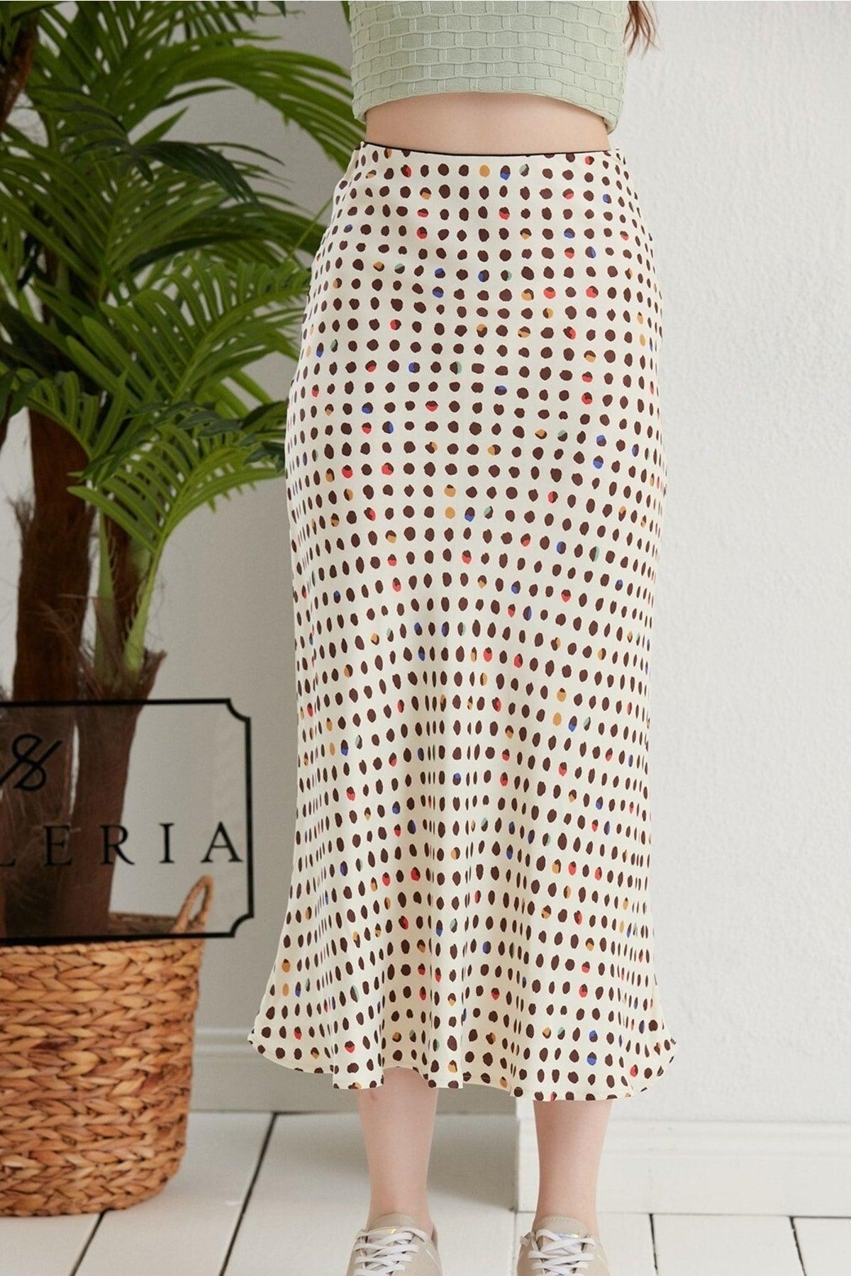 Colored Polka Dot Pattern Viscose Satin Midi Skirt - White Background - Swordslife