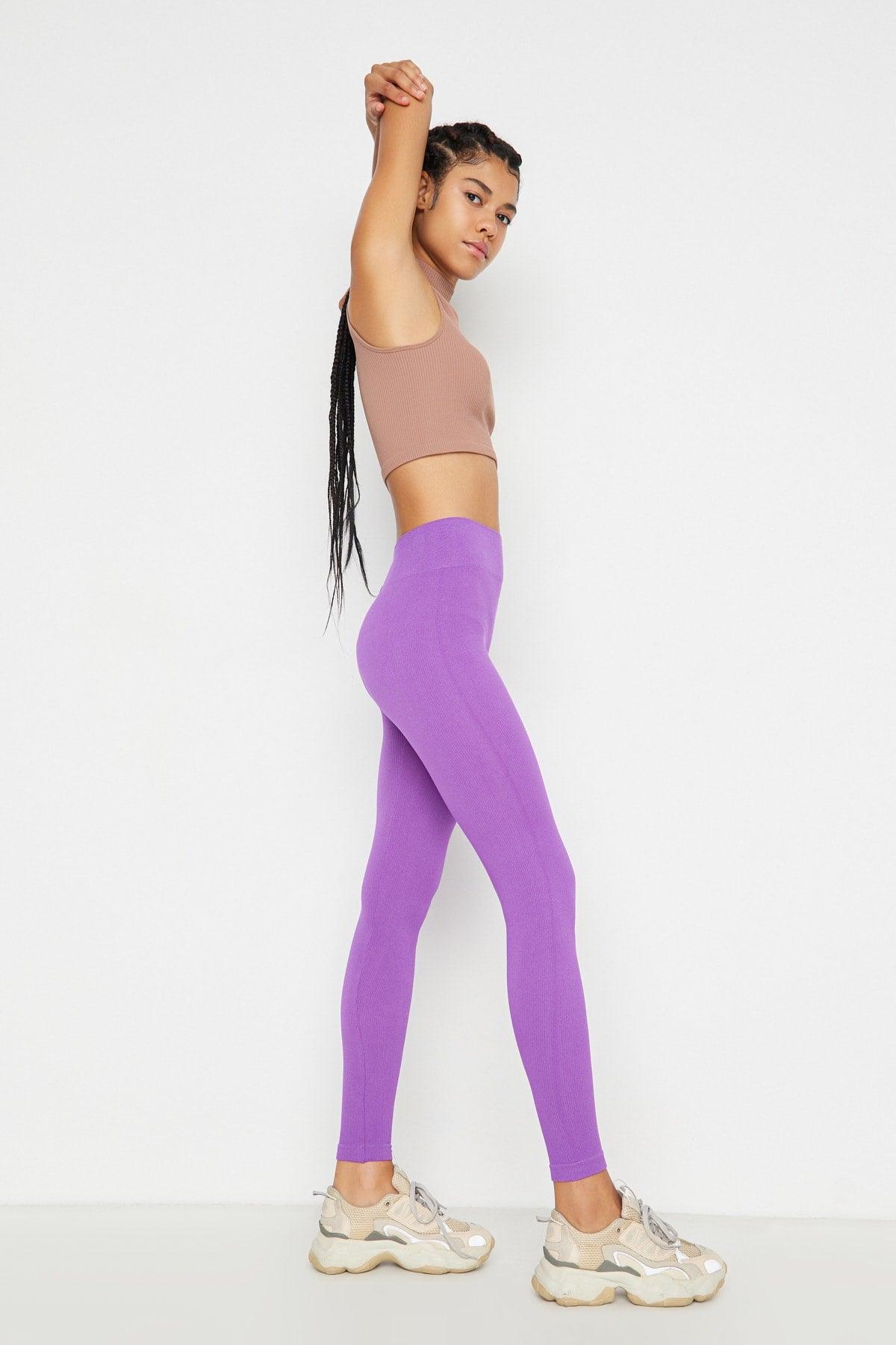 Purple Seamless/Seamless Ribbed Full Length Sports Leggings TWOAW20TA0071 - Swordslife