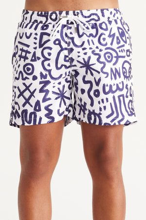 Men'S White-Navy Blue Standard Fit Regular Fit Side Pockets Patterned Swimwear Marine Shorts