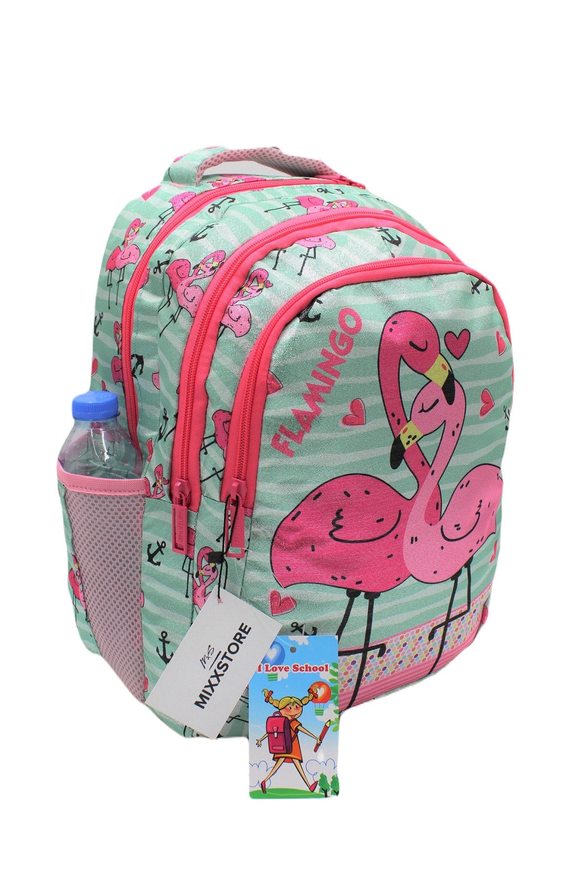 Sim Flamingo Patterned Green Color Backpack Primary School Bag Set For Girls With Food And Pencil Holder