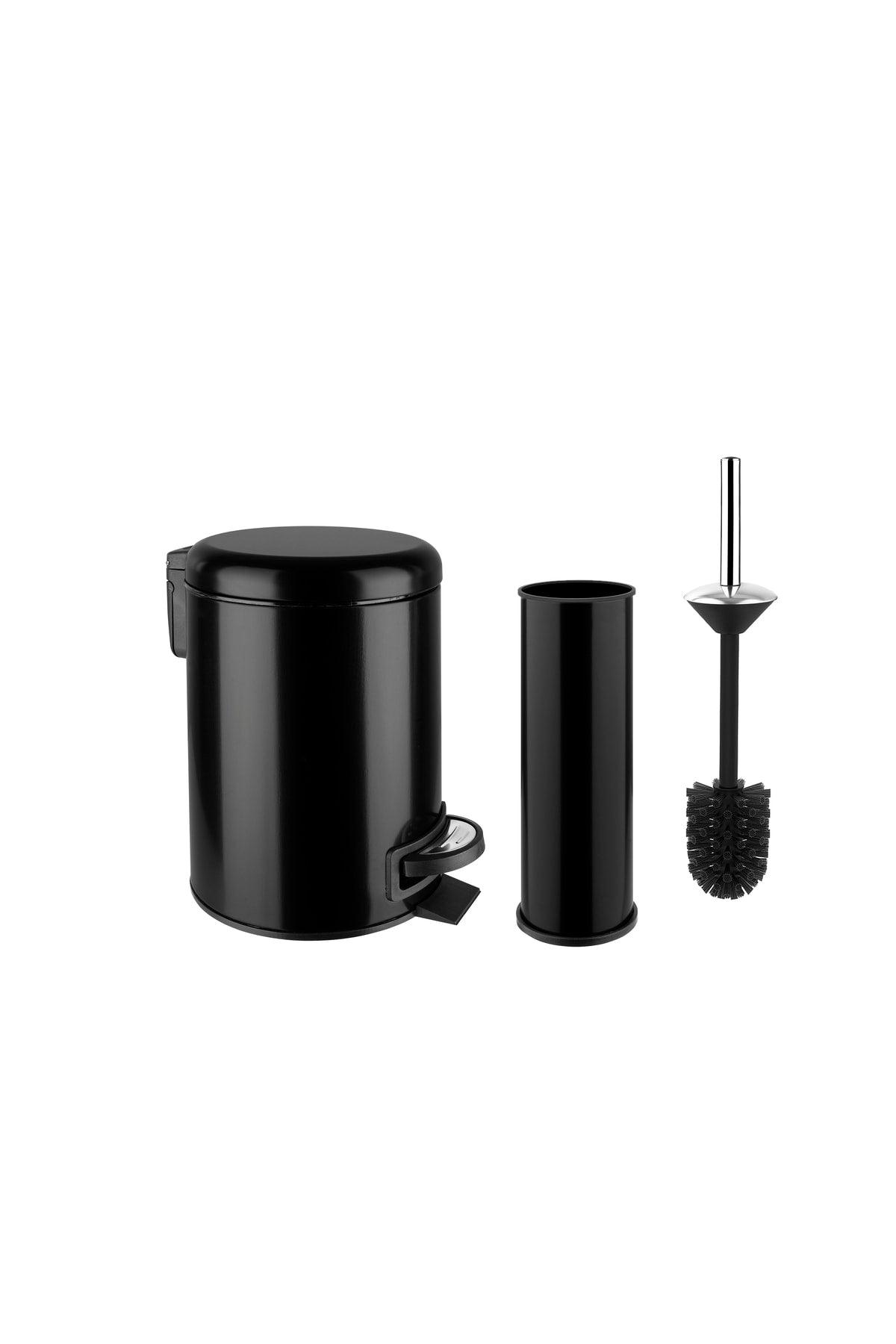 Elite Double Bathroom Set - Black Stainless 3 Lt Trash Can Wc Toilet Brush - Swordslife