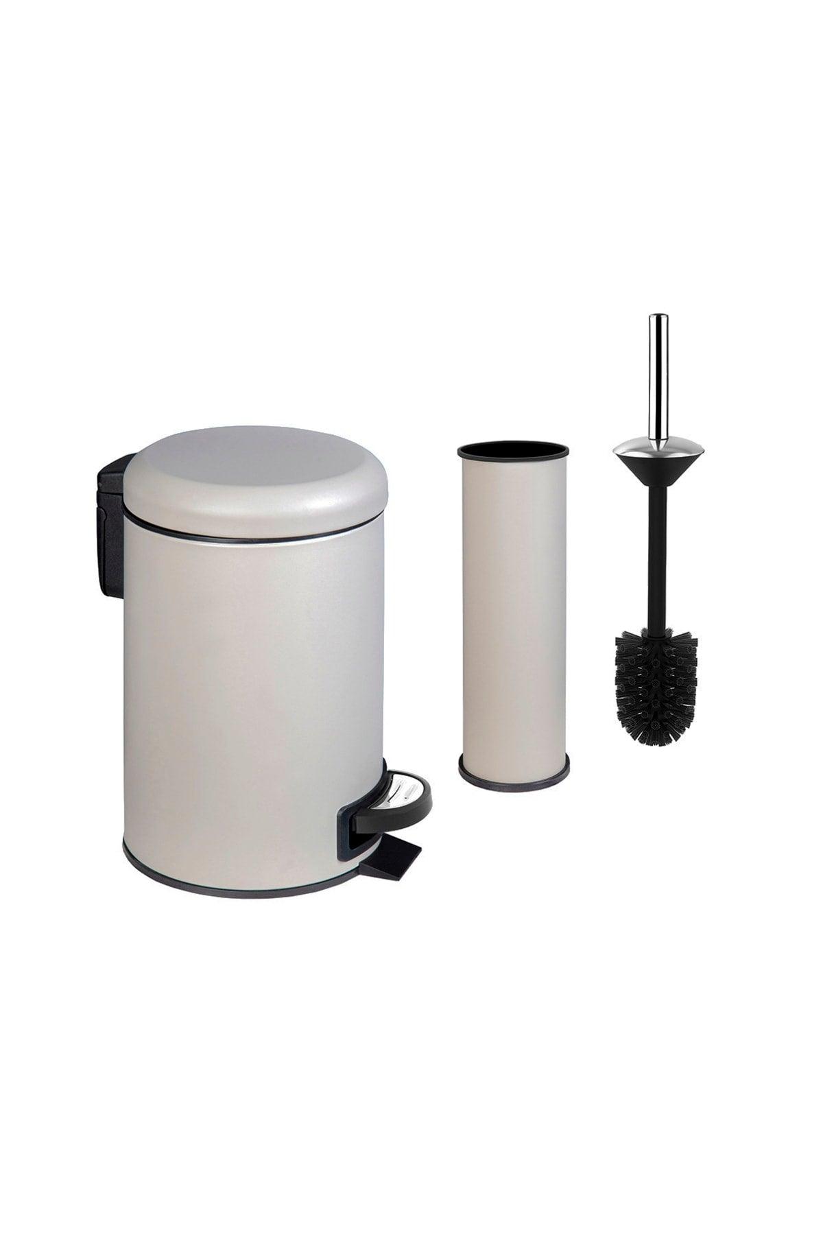 Elite Double Bathroom Set Beige Stainless 3 Lt Trash Can Wc Toilet Brush - Swordslife