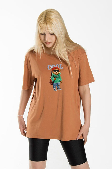 Women's Tile Front Cool Bear Printed Crew Neck Oversize Cotton T-shirt - Swordslife
