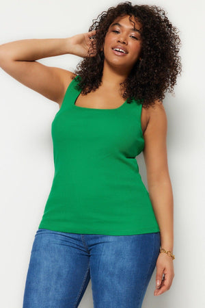 Green Basic Corduroy Knitted Square Collar Singlet TBBSS22AL0011 - Swordslife
