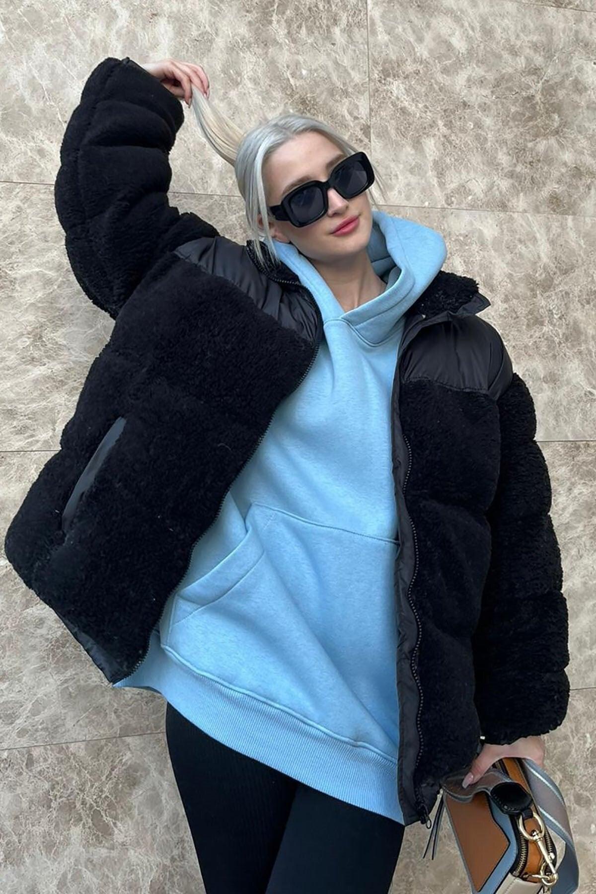 Black Plush Oversize Coat Mg1371 - Swordslife