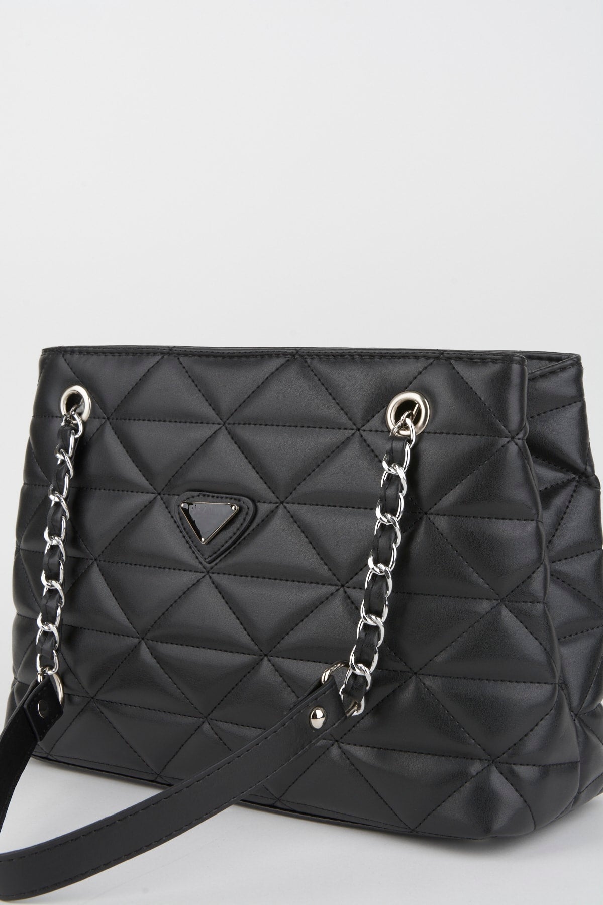 Crocos Black Quilted 3 Compartment Zipper Closure Lined Hand Arm And Shoulder Bag With Chain Strap