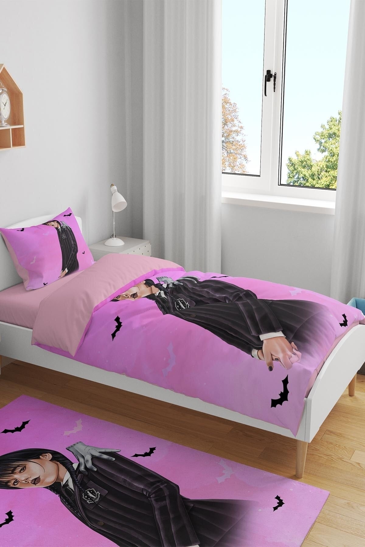 Fuchsia Bat Wednesday Addams Patterned Single Baby Kids Duvet Cover Set