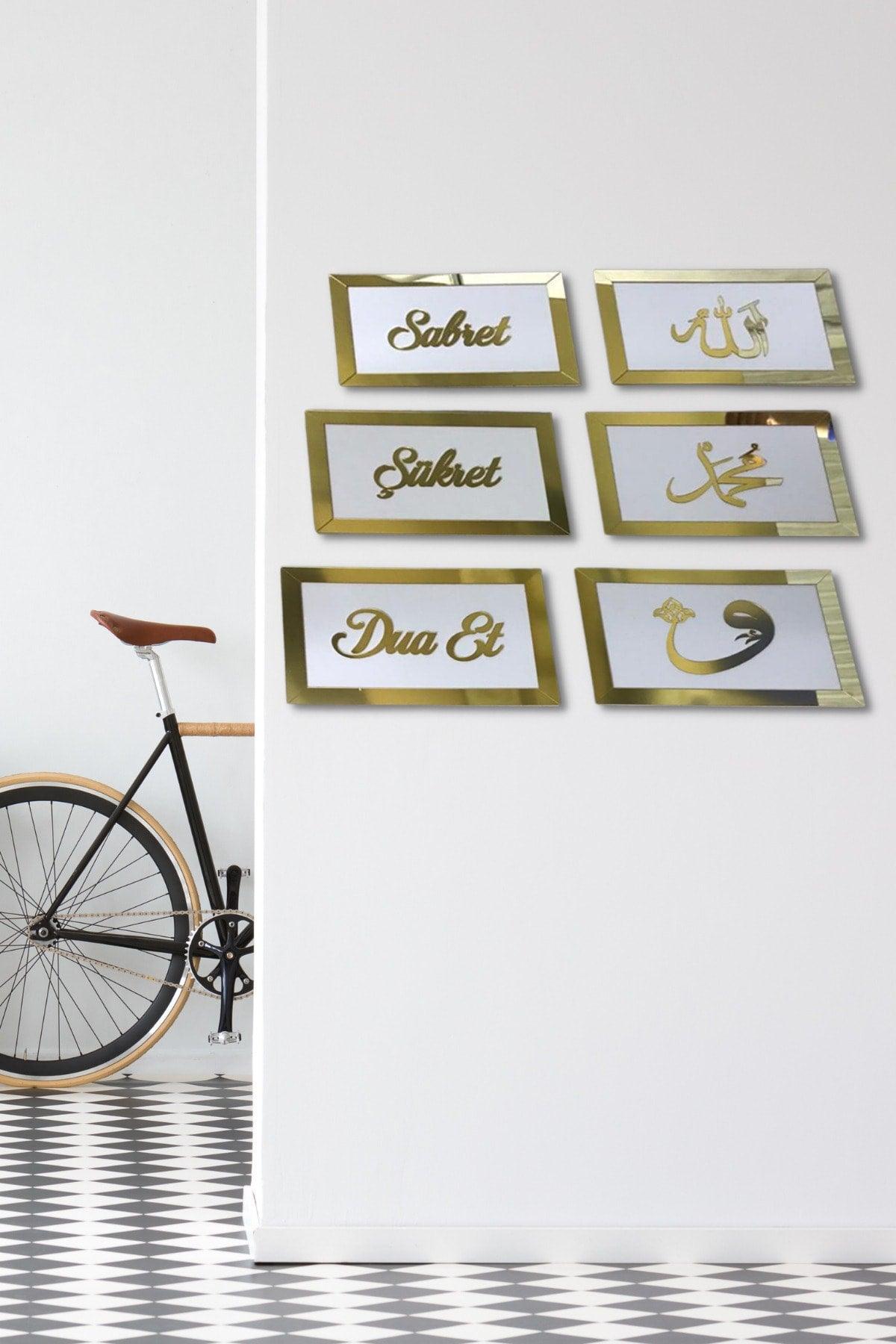 Patience Pray Be Gratitude 6 Prayer Table Set White Wood Gold Gold Plexi Mirror Wall Decor 26x16cm - Swordslife