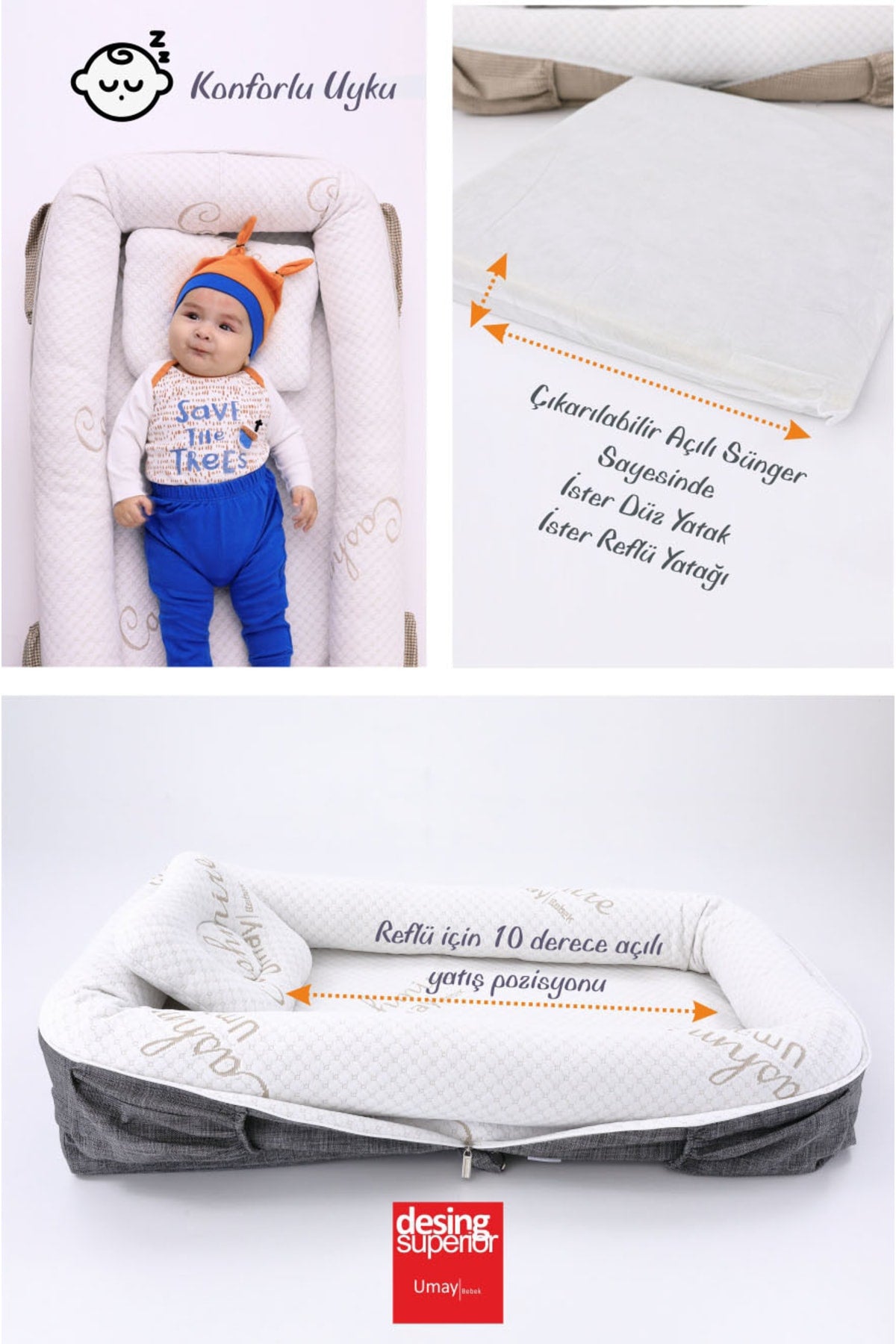 Portable Original Reflux Mattress, Pillow, Babynest, Mommy Bag With Bag - Anthracite