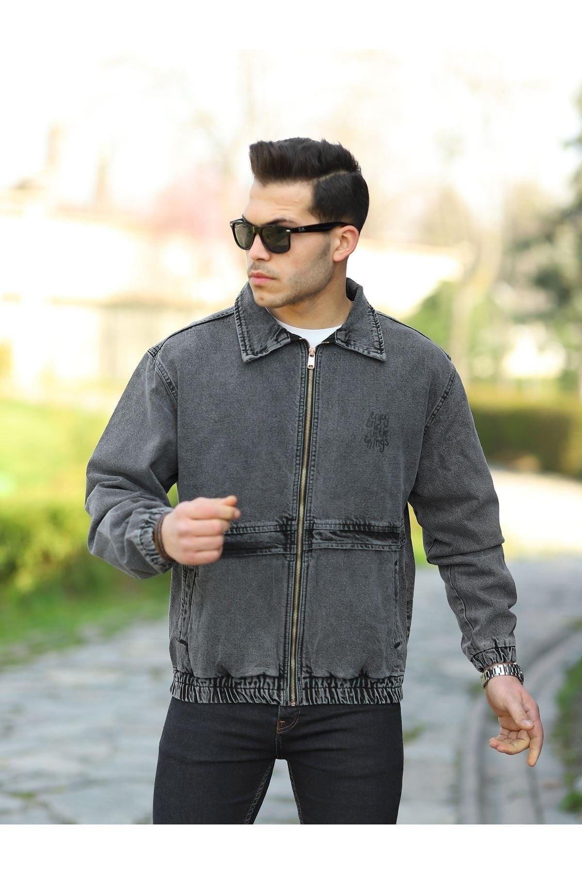 Men's Anthracite Oversize Snow Wash Printed Zippered Bomber Denim Jacket - Swordslife