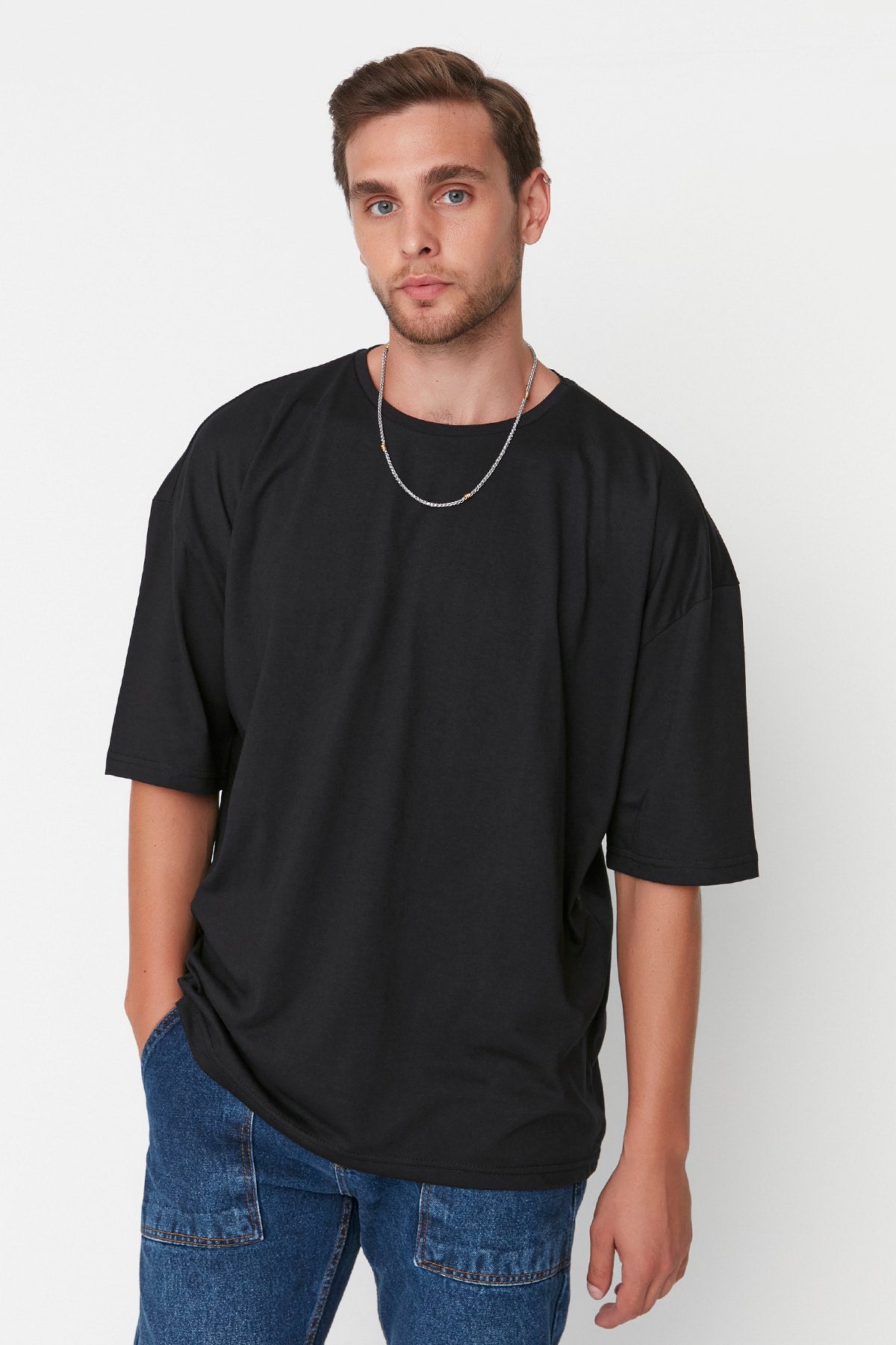 Black Men'S Basic Crew Neck Oversize Short Sleeve T-Shirt Tmnss22Ts0317