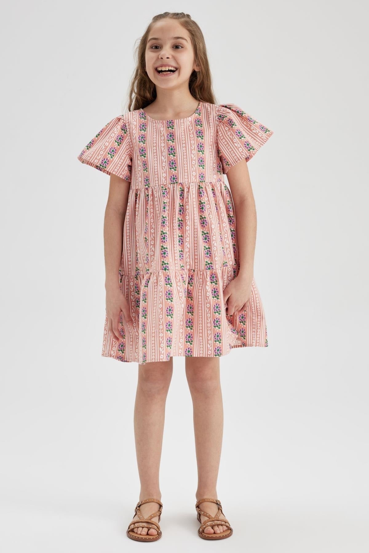 Girl Patterned Short Sleeve Dress