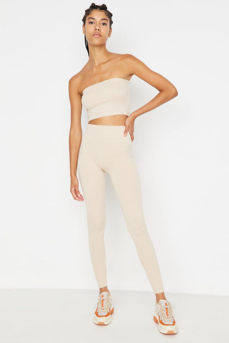 Beige Seamless/Seamless Ribbed Full Length Sports Leggings TWOAW20TA0071 - Swordslife