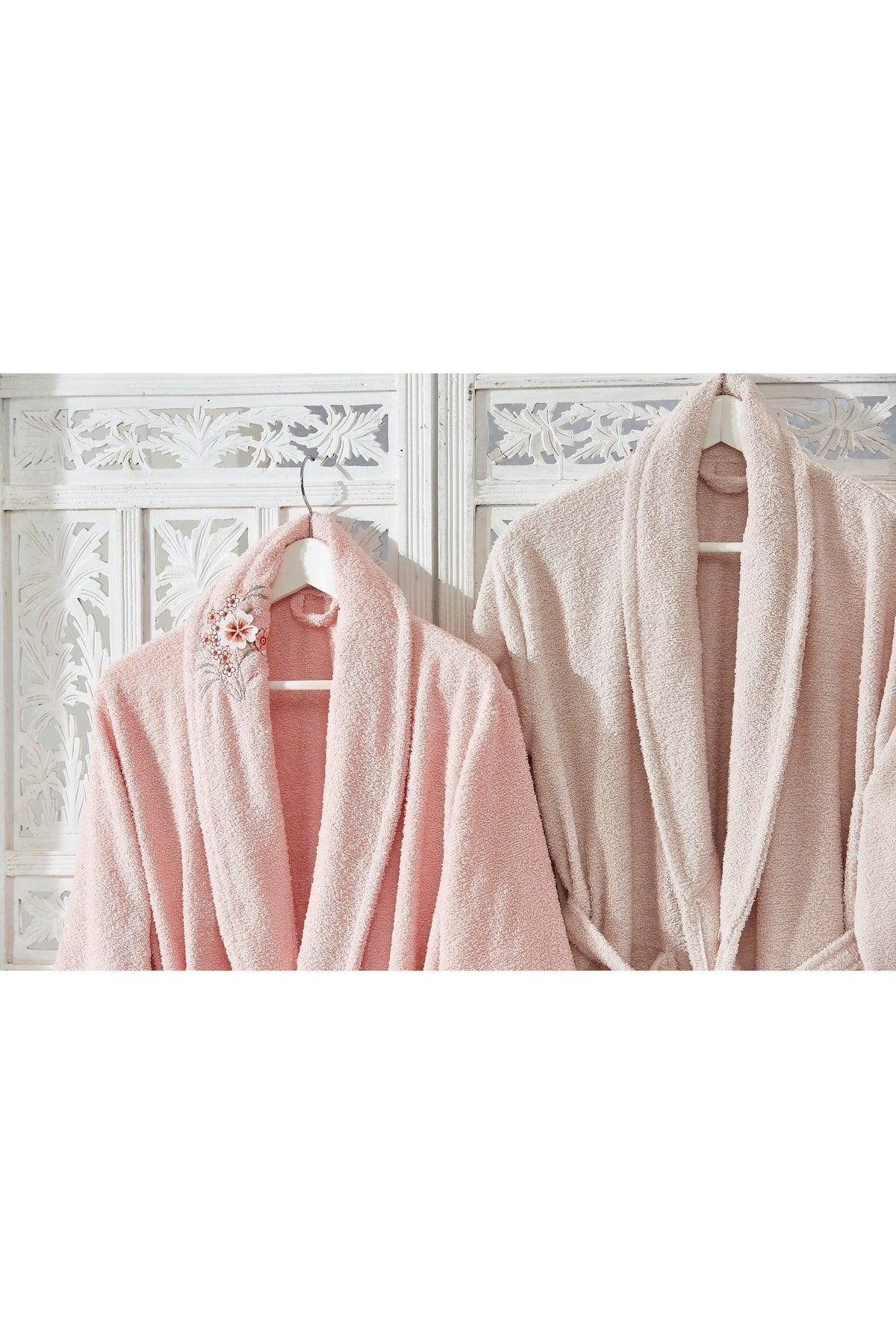 Family Embroidered Pink & Cappuccino Family Bathrobe Set 6 Pieces Dowry Women Men Bath Towel Set - Swordslife