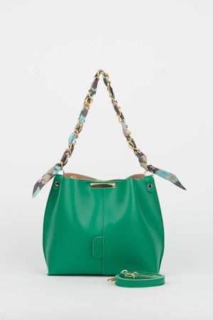 Women'S Green Scarf Chain Accessory Soft Leather 3-Compartment Hand, Arm And Shoulder Bag