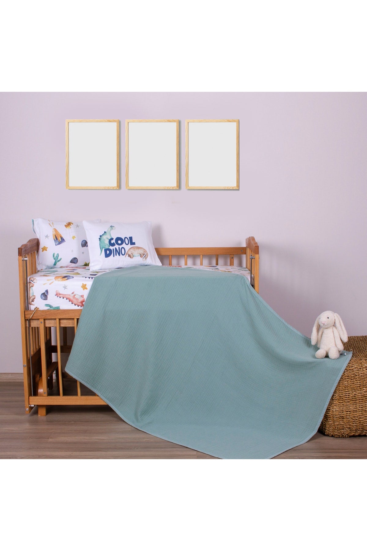 ORGANIC MUSLIN PICTURE AND COTTON SATIN BABY BEDDING - DINOSAUR AND NATURE THEMED