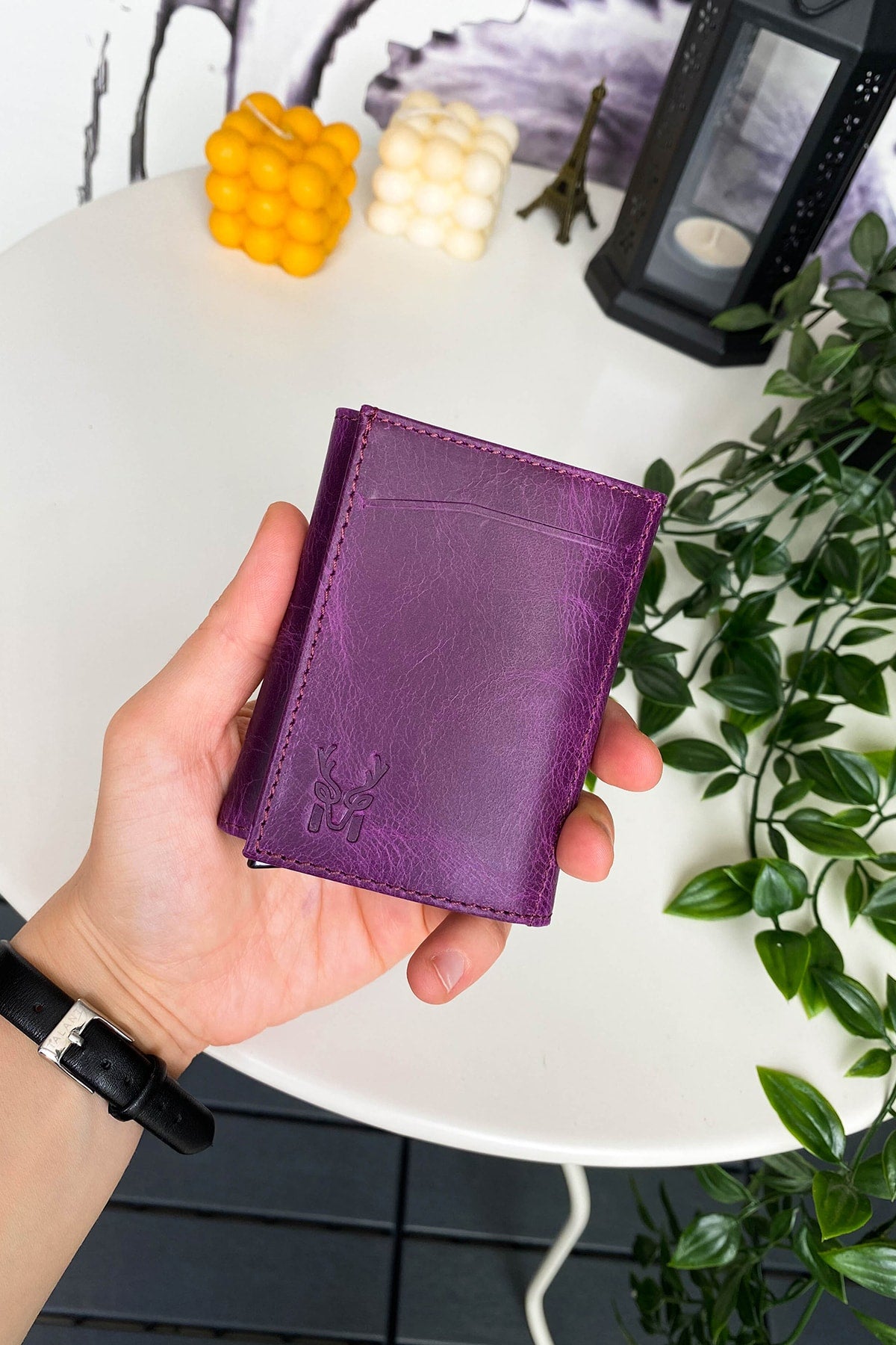 Pescol - Genuine Leather Purple Smart Card Holder / Wallet with Rfid Protection Mechanism, Top Level Craftsmanship