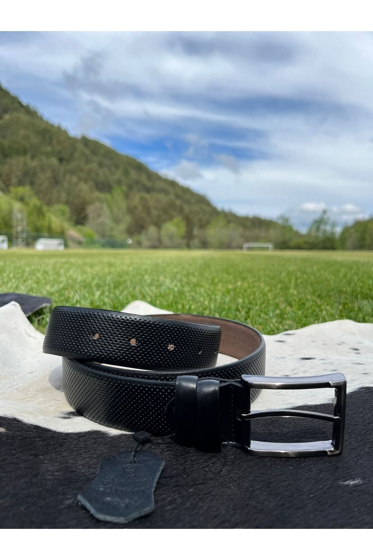 100% GENUINE BLACK PATTERNED 3,5CM MEN'S LEATHER BELT