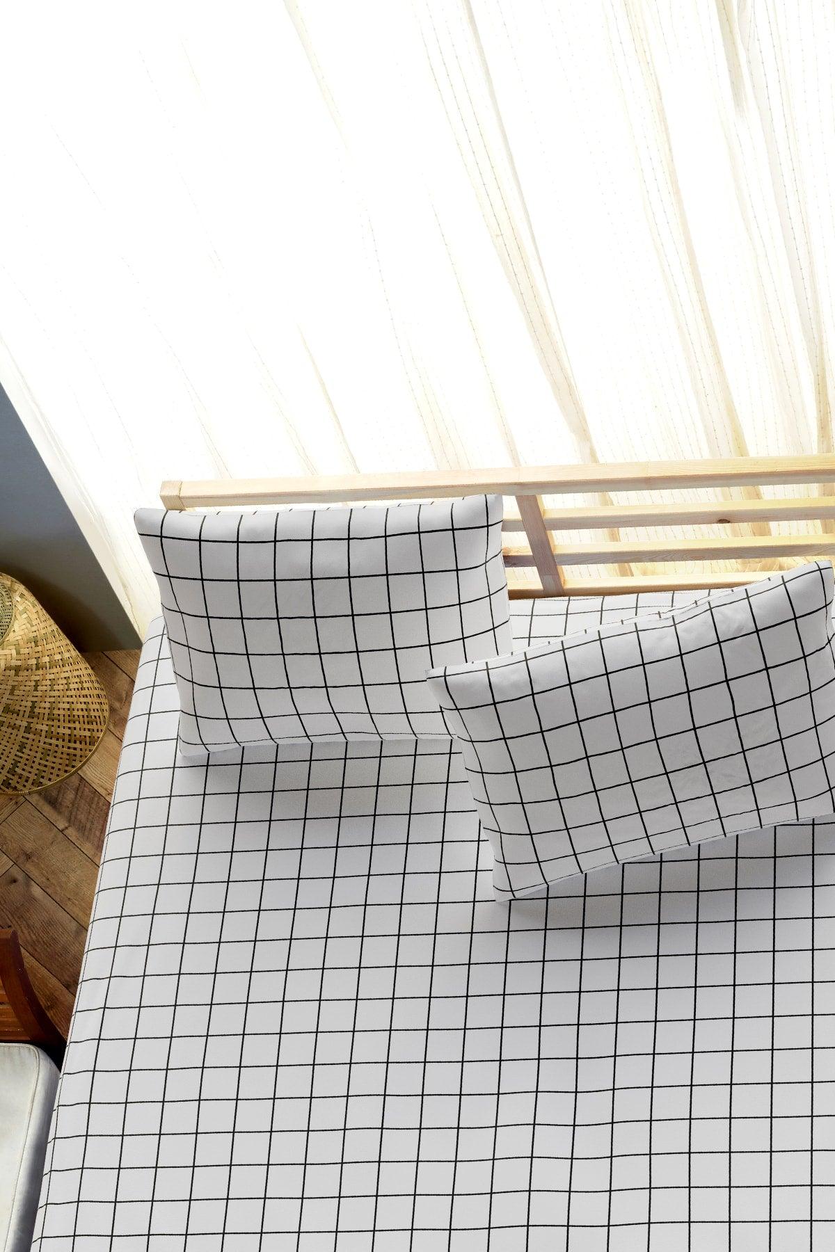 Double Elastic Bed Sheet + Pillowcase - Mini Plaid White Black - Swordslife