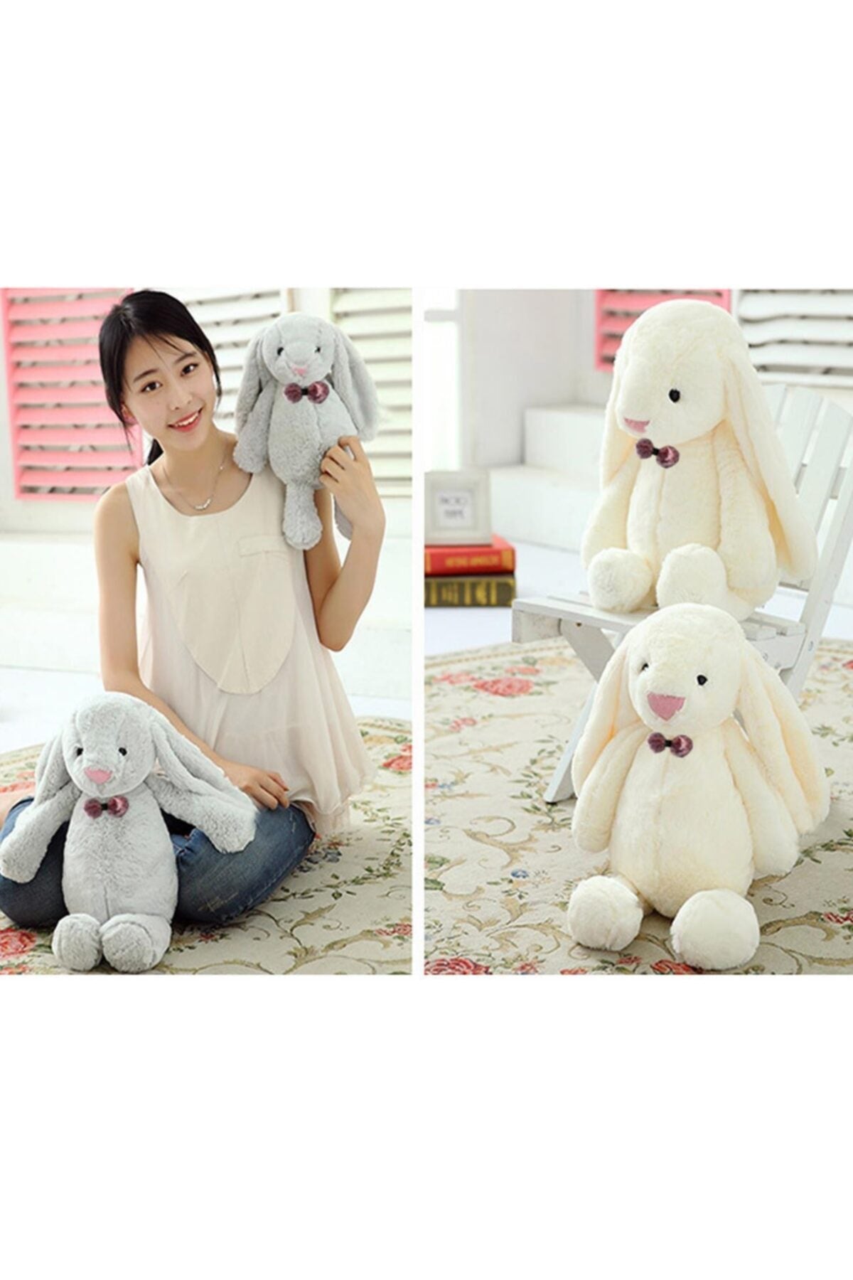 Sleeping Friend Long Ear Bunny Plush Rabbit With Bow Tie 65 Cm