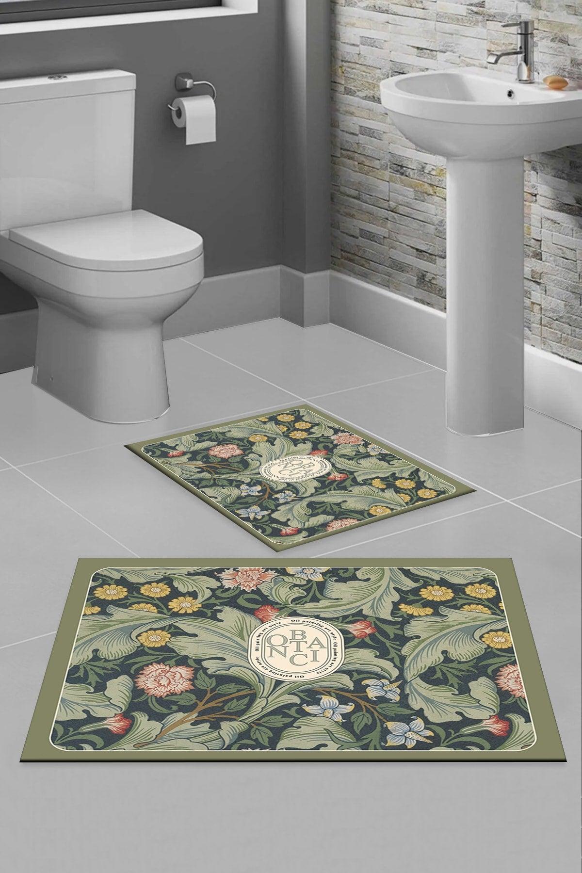 Decor Colorful Flowers Patterned Washable Non-Slip Base 2 Pcs. Bathroom Carpet Doormat Closet Set - Swordslife