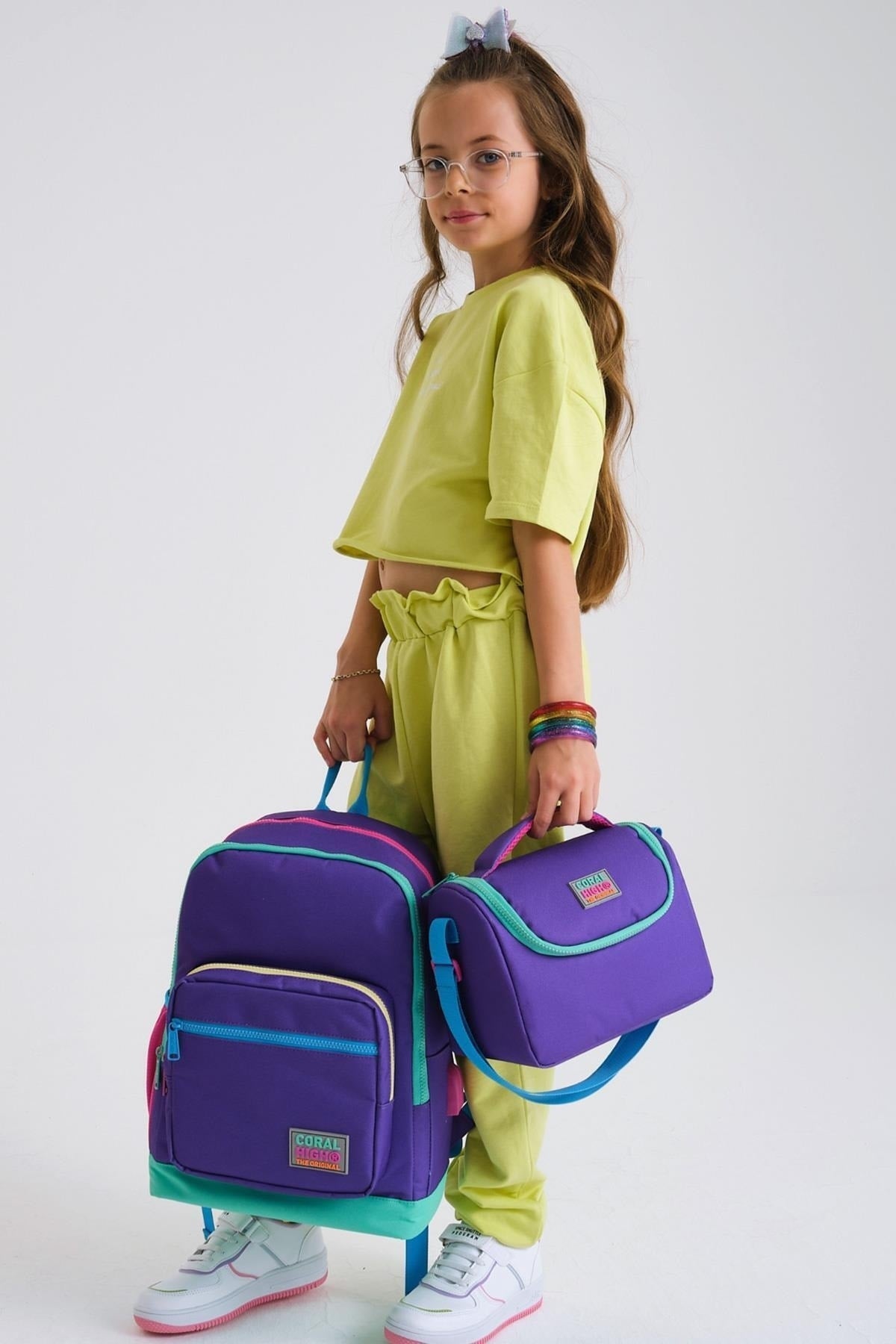 Kids Purple Color Detailed Usb 3 Pcs School Bag Set Set0123834
