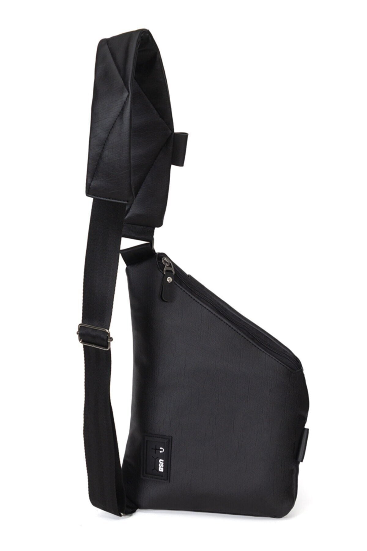 Men'S Black Cross Shoulder Chest Bag Headphone And Usb Outlet Water Resistant Single Arm Bag