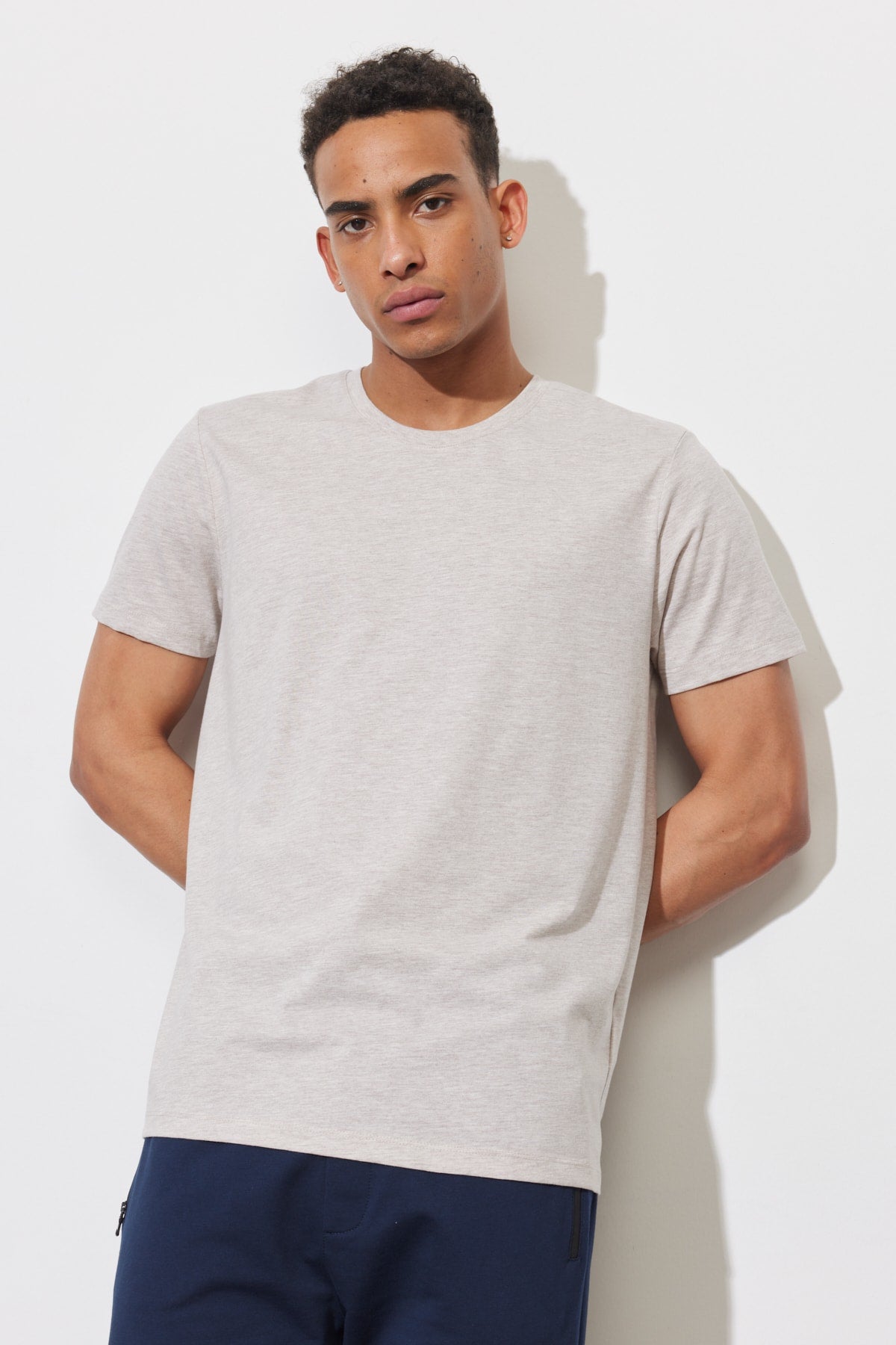 Men'S Beige Melange Cotton Slim Fit Slim Fit Crew Neck Short Sleeved T-Shirt