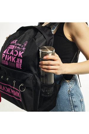 Black Pink Printed Laptop Backpack With Piercing
