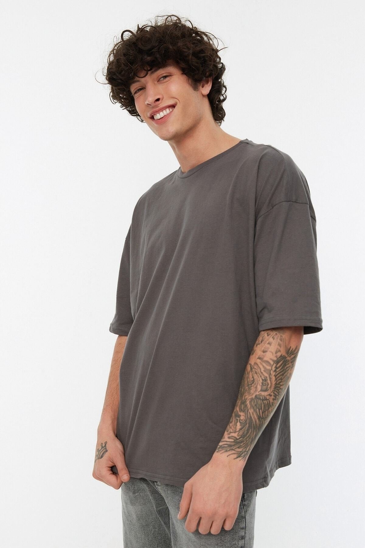 Anthracite Men'S Basic 100% Cotton Crew Neck Oversized Short Sleeved T-Shirt