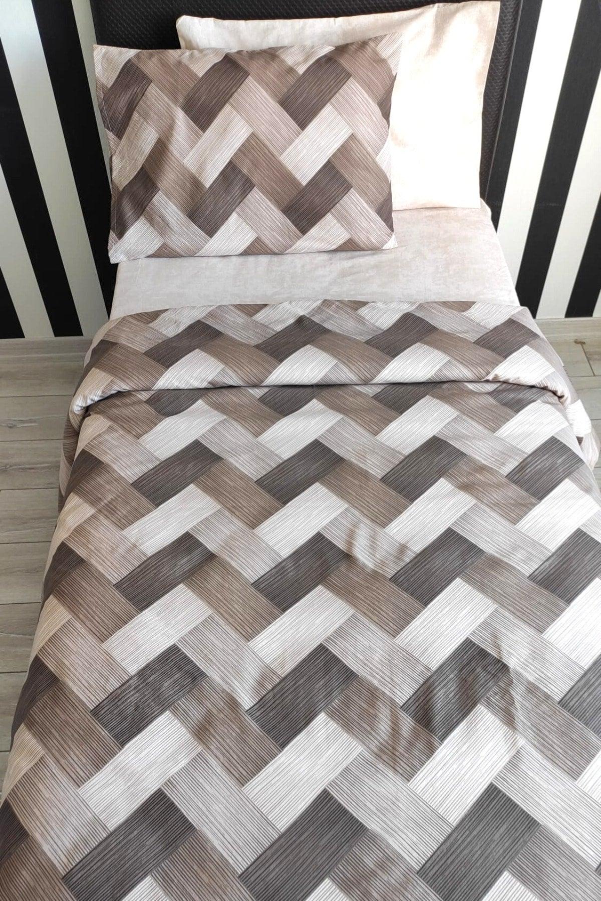 Zigzag Brown 4-Piece Elastic Bed Sheet Single (100X200 CM) Duvet Cover Set - Swordslife