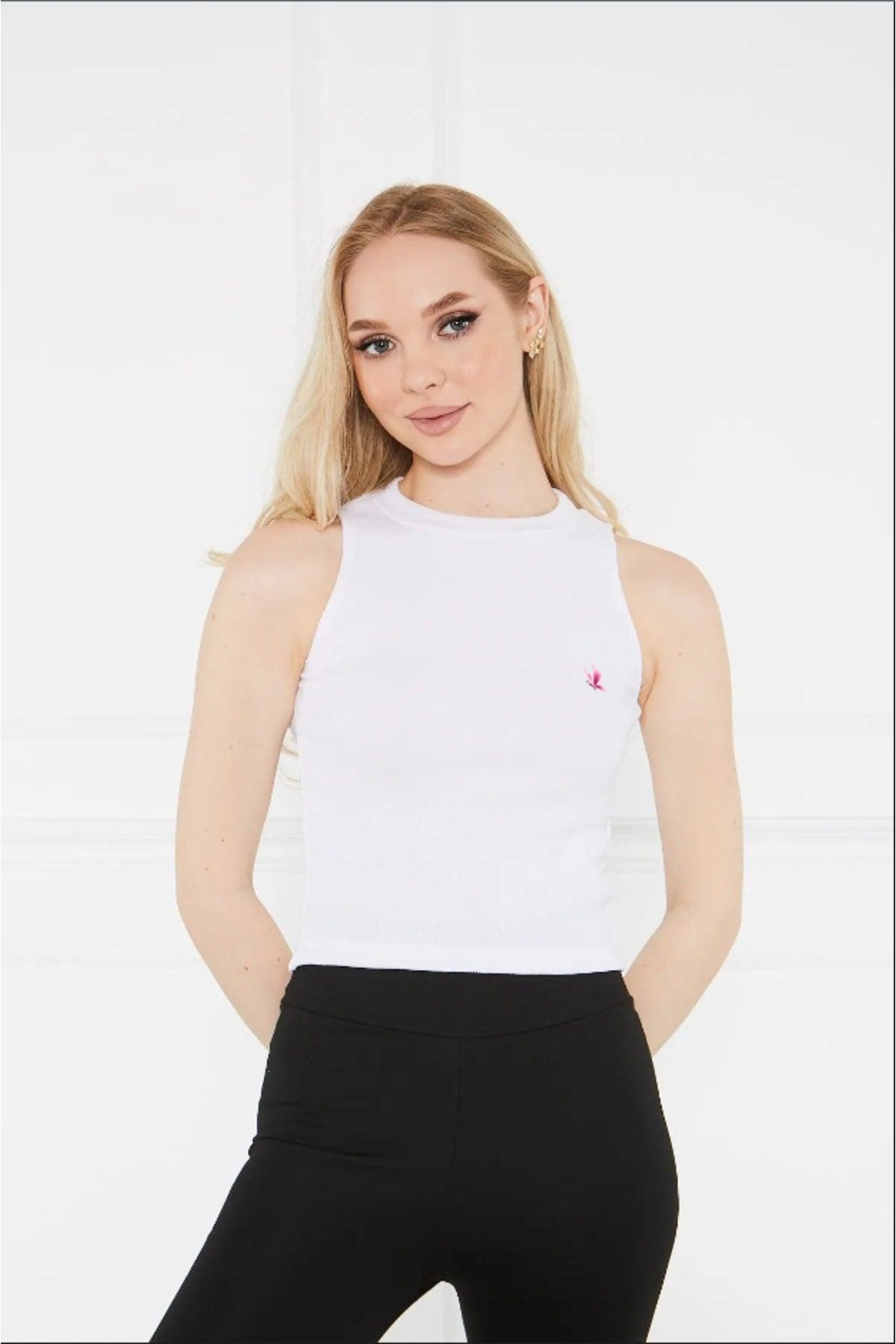 Women's Black and White Butterfly Logo Halter Neck 2-Pack Crop Blouse - Swordslife