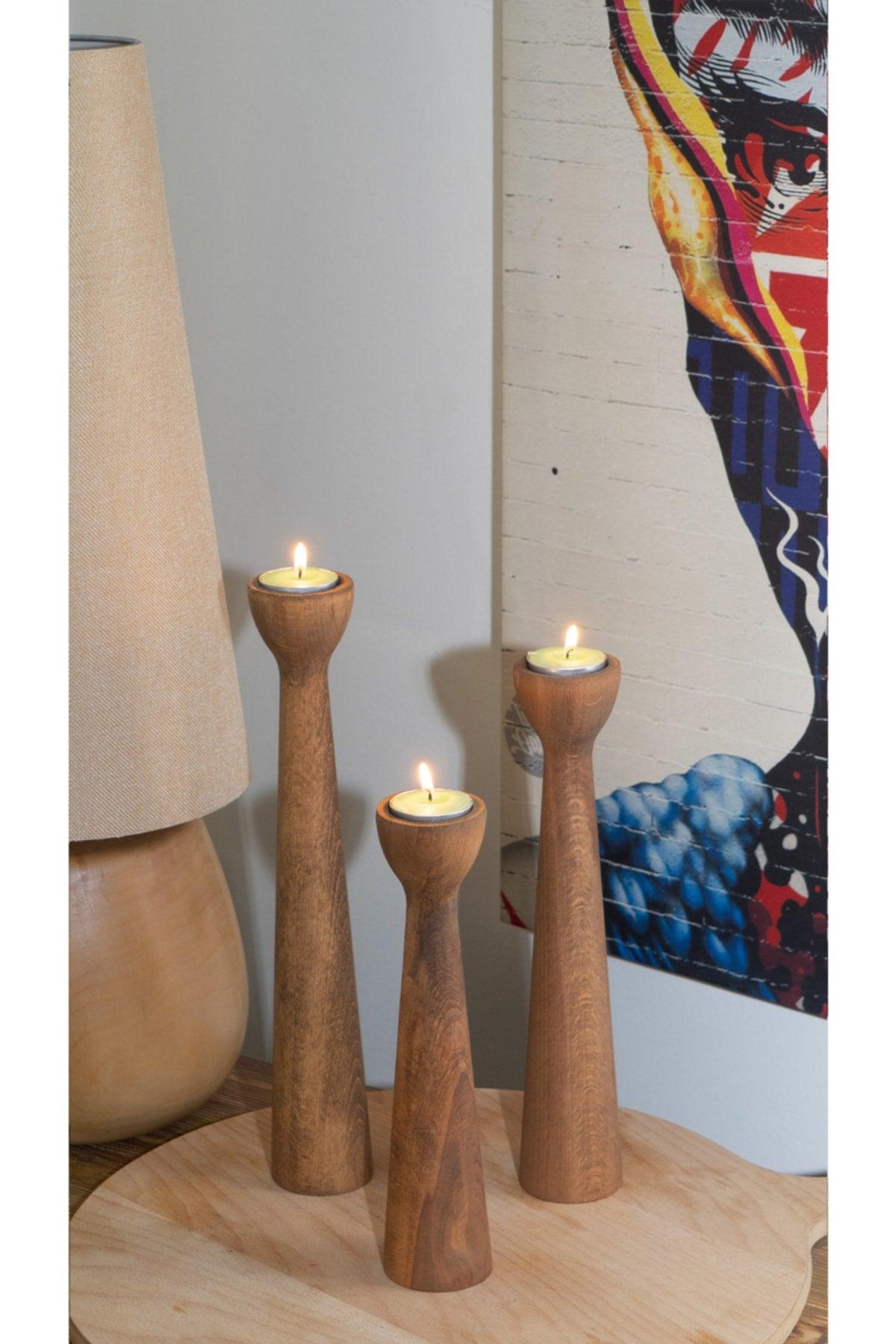 Wooden Decorative Quality Tealight Candle Holder Rustic Candlestick Handmade Gift Set of 3 Natural Walnut - Swordslife