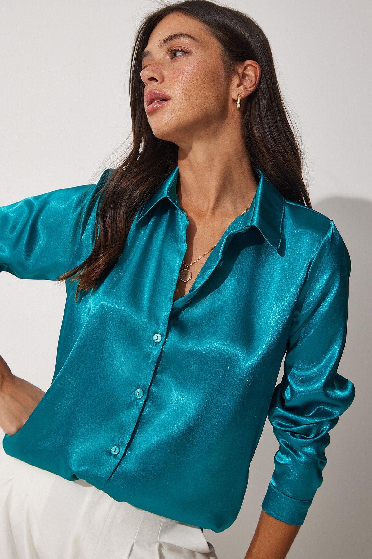 Women's Petrol Blue Light Flowy Satin Top Shirt DD00990 - Swordslife