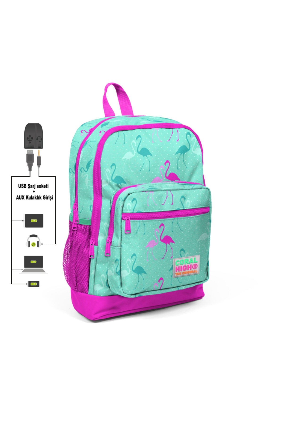 Kids Flamingo Patterned School Bag Set of 3 with Four Compartments Usb Rechargeable Headphone Outlet