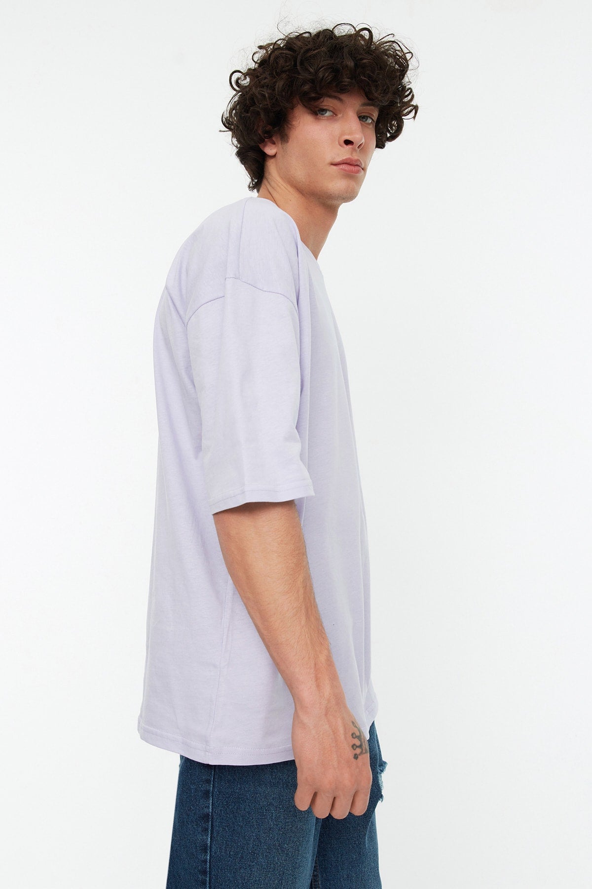 Lilac Men'S Oversize Basic Crew Neck Short Sleeved 100% Cotton T-Shirt Tmnss22Ts0318