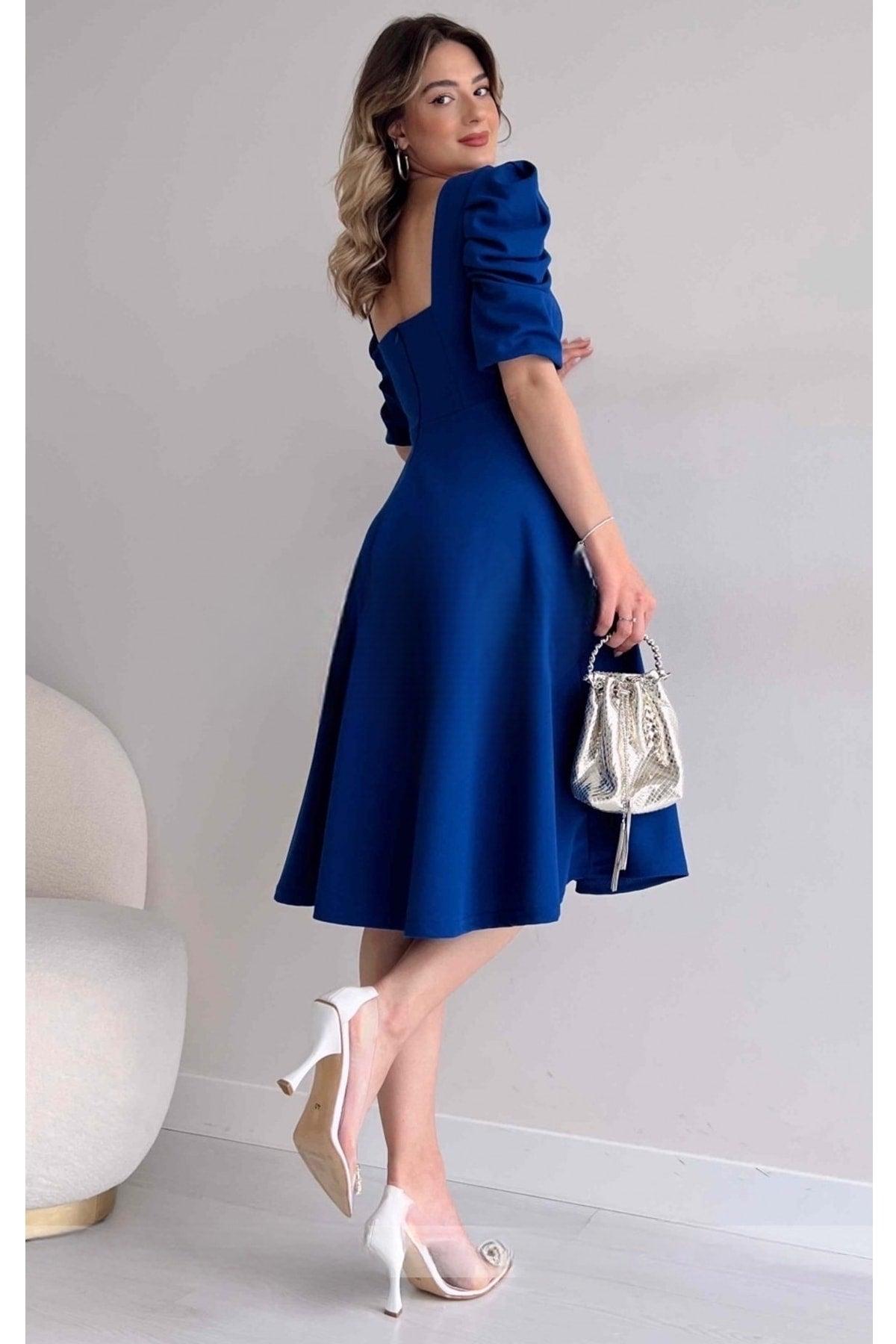 Women's Crepe Fabric Short Sleeve Square Collar Midi Length Flared Cut Sax Blue Dress 080 - Swordslife