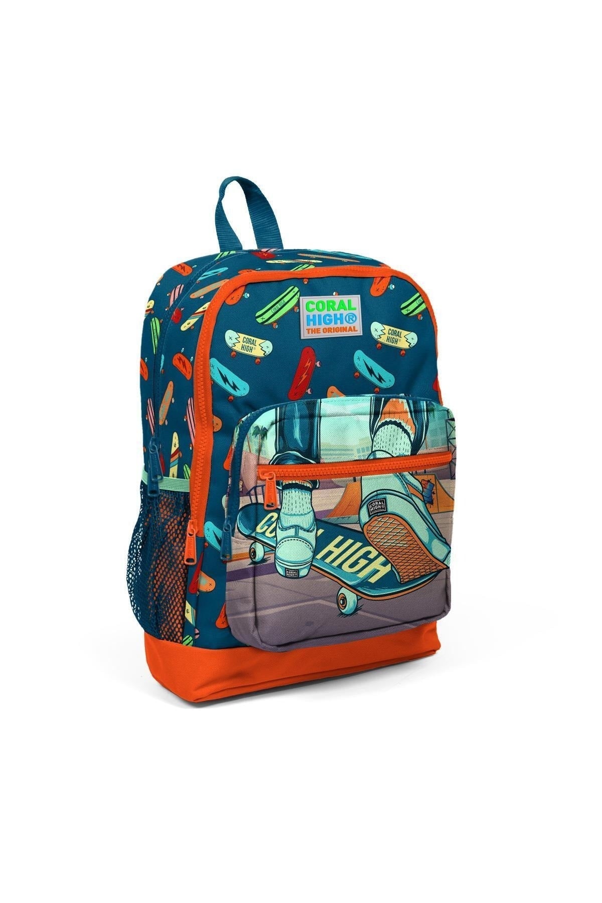 Kids Civit Neon Orange Skateboard Patterned Usb Input 3 Pcs School Bag Set Set0123823