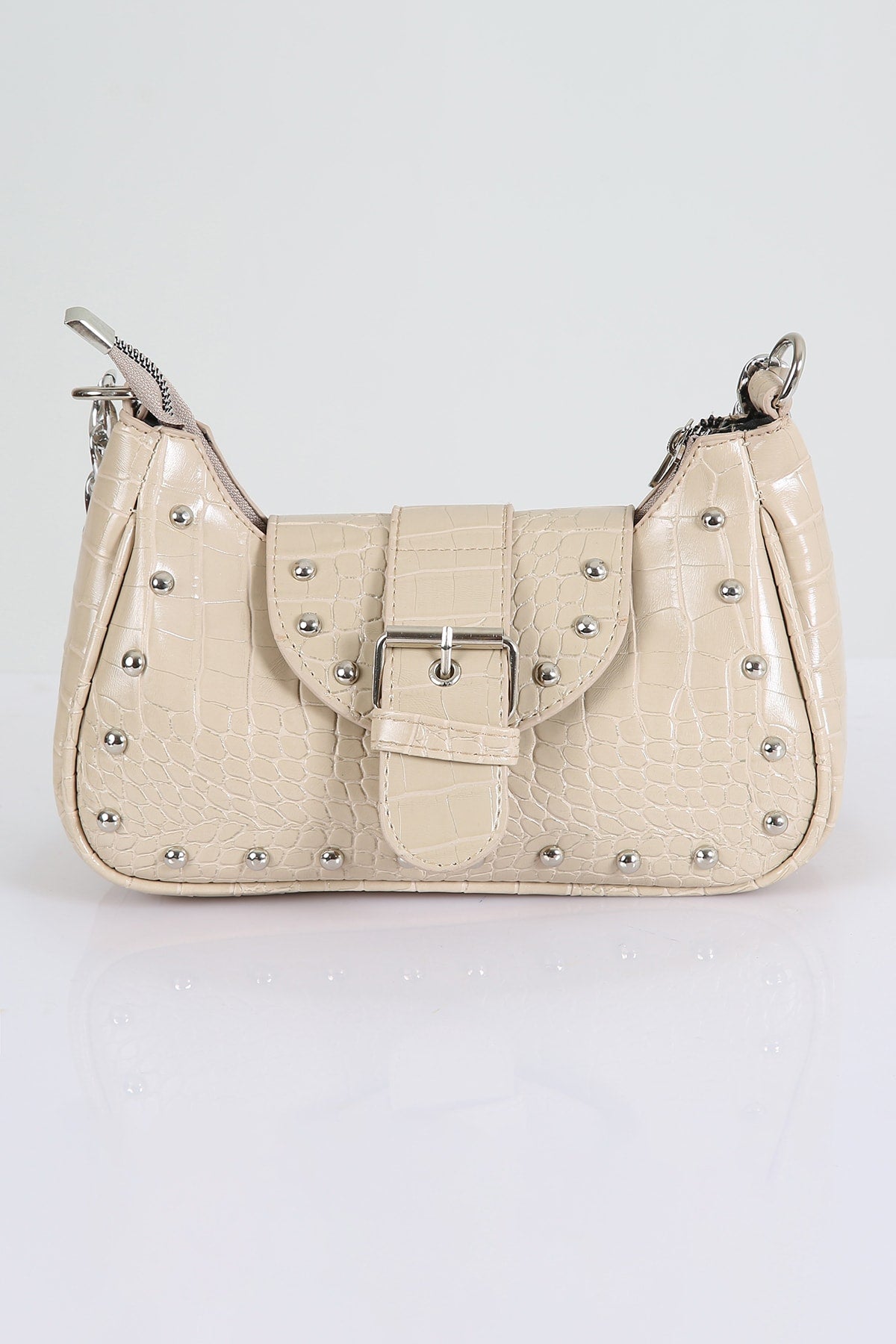 Crocodile Patterned Mink Handbag with Bony Staples