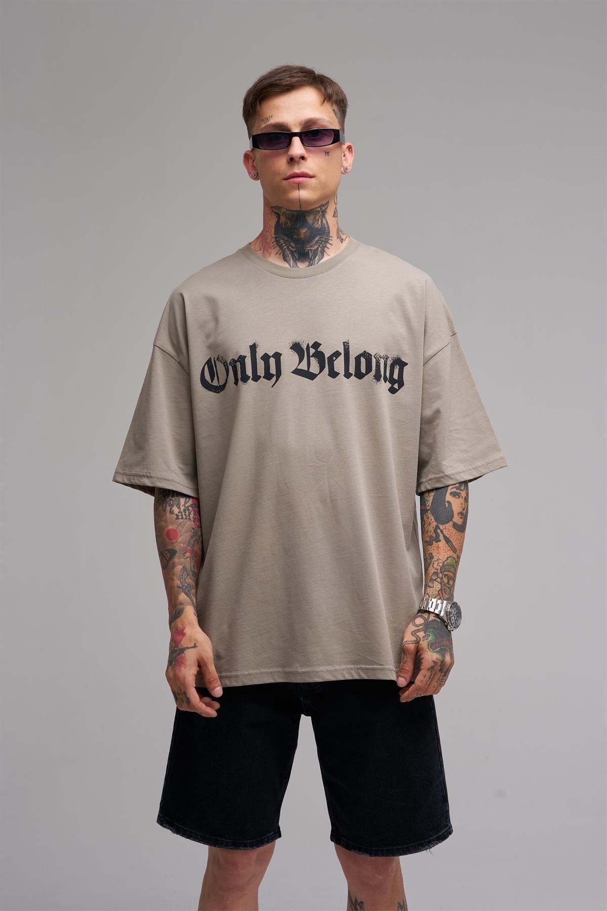 Unisex Plus Size Only Belong Printed Cotton T-Shirt Khaki