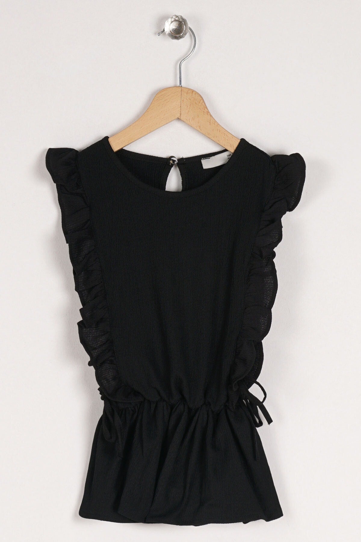 Girl'S Black Color Frilly Waist Elastic Detailed T-Shirt