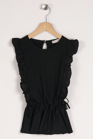Girl'S Black Color Frilly Waist Elastic Detailed T-Shirt