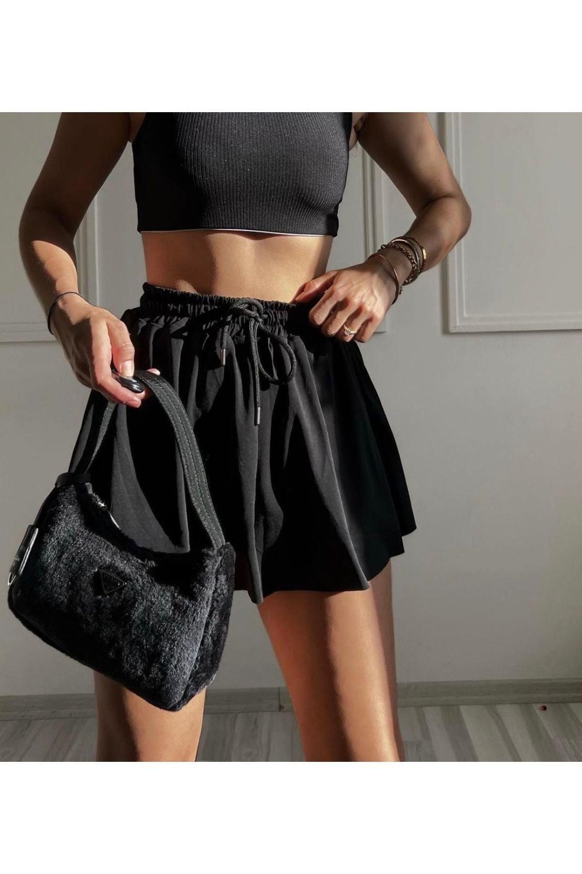 Women's Black Wide-Cut Leggings Sport Shorts Skirt Black - Swordslife