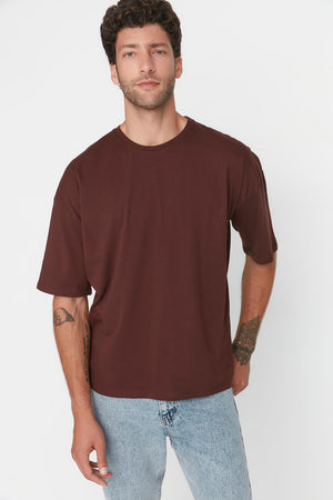 Brown Men'S Basic 100% Cotton Crew Neck Oversize Short Sleeved T-Shirt