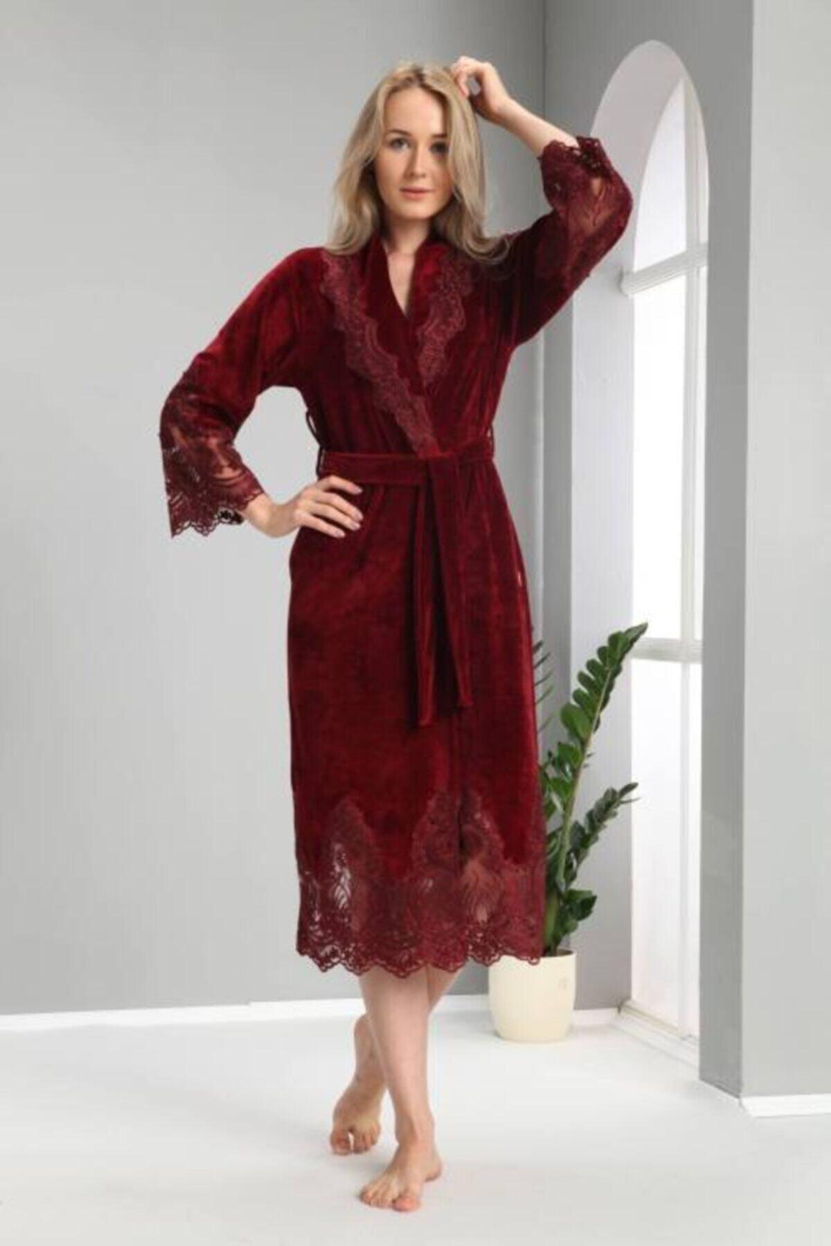 Women's Claret Red Lace Bambo Cotton Bathrobe - Swordslife