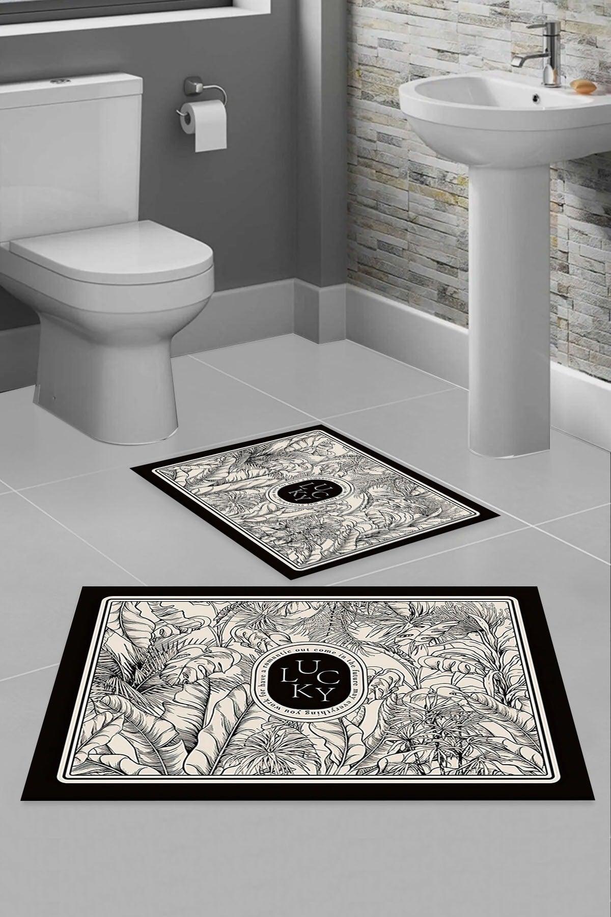 Else Decor Black and White Floral Washable Non-Slip Base 2 Bathroom Carpet Doormat Closet Set - Swordslife