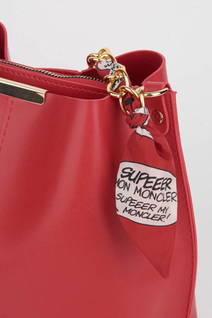 Women'S Red Scarf Chain Accessory Soft Leather 3-Compartment Hand, Arm And Shoulder Bag