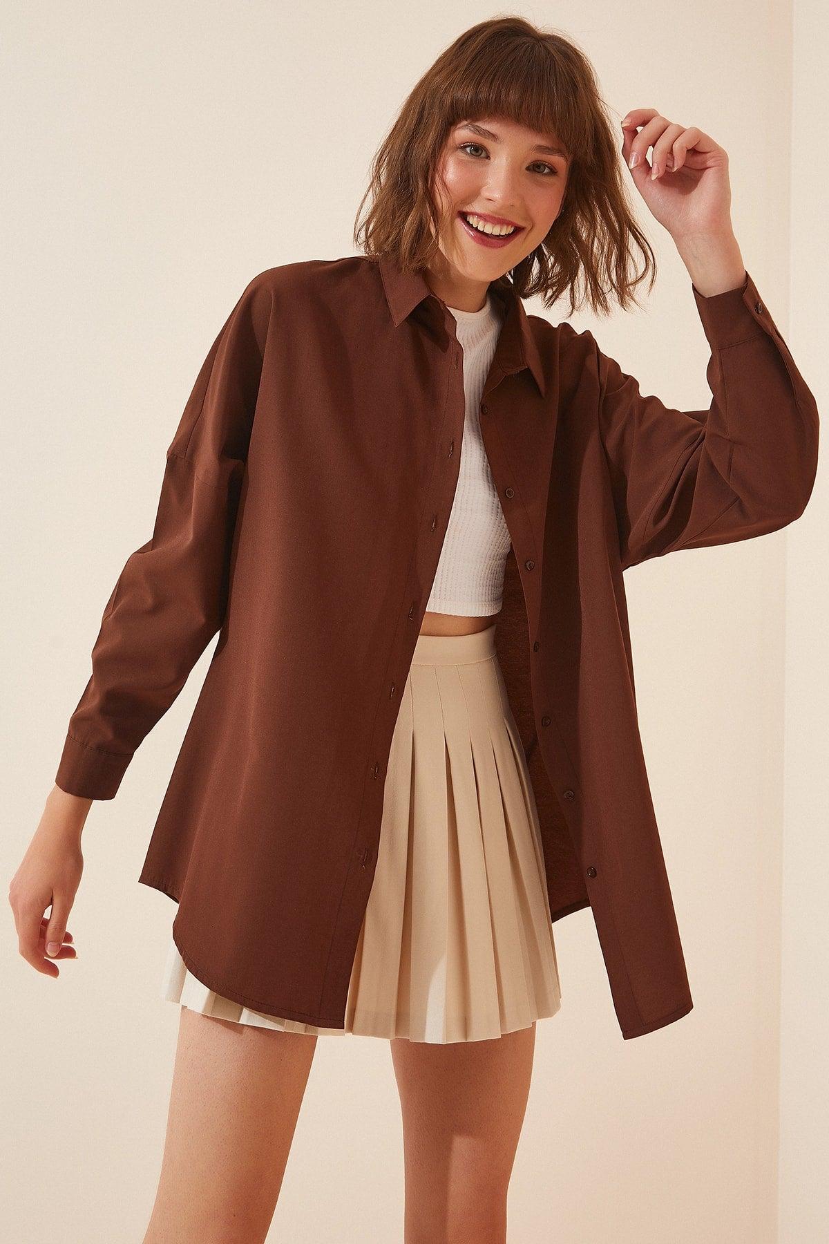 Women's Chocolate Oversize Long Basic Shirt DD00842 - Swordslife