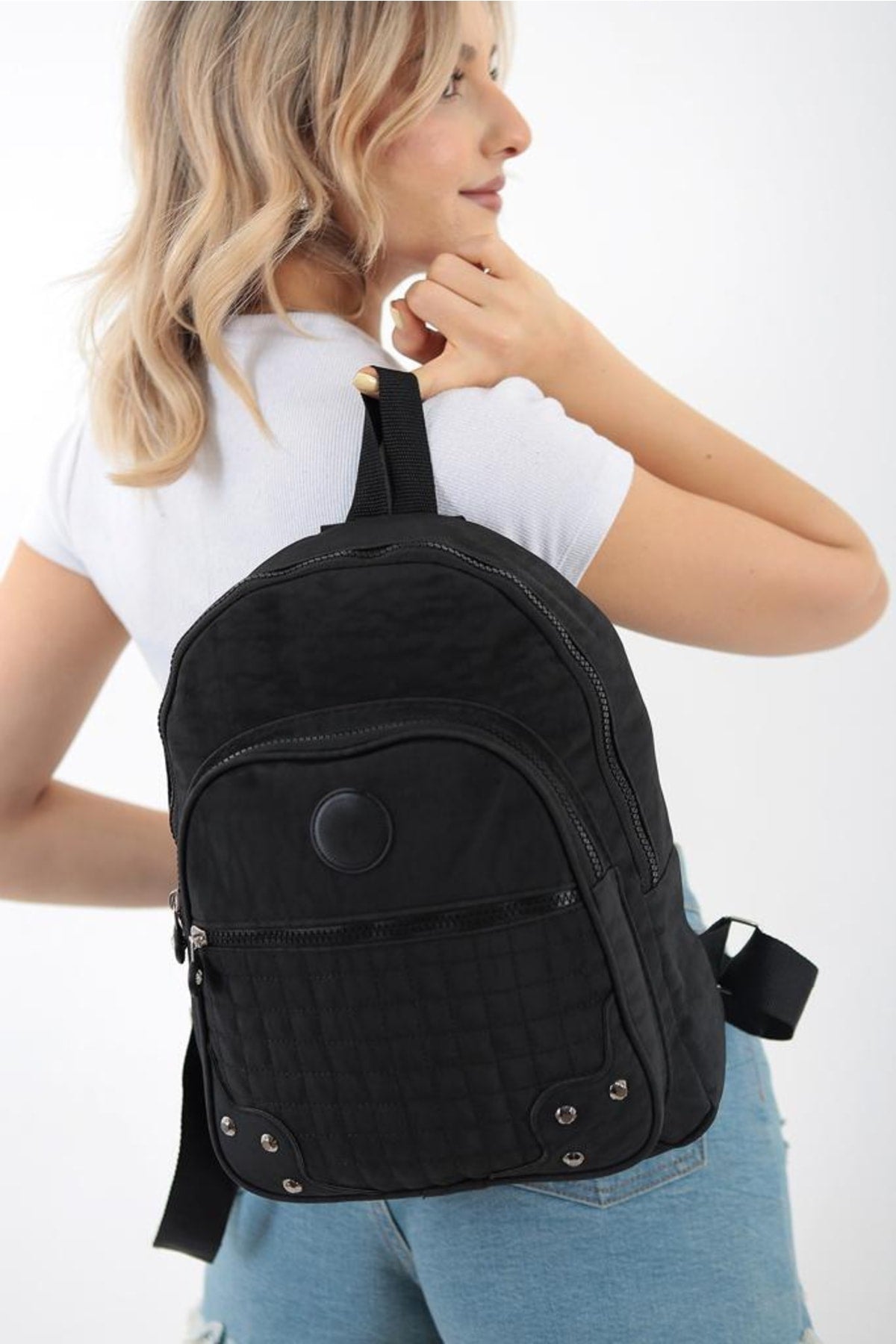 Unisex Black Crinkle Fabric Waterproof & Dirt-Resistant Backpack And School Bag